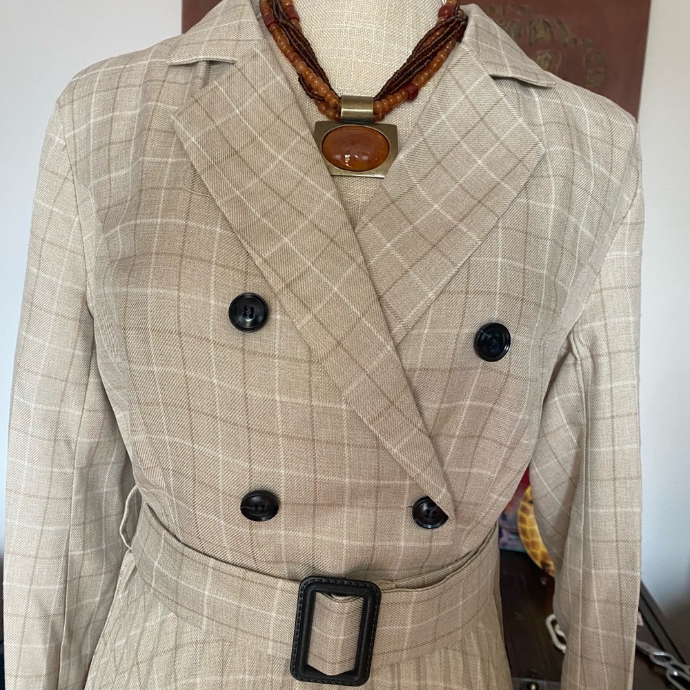 Vintage pleated belt plaid dress women Long sleeve